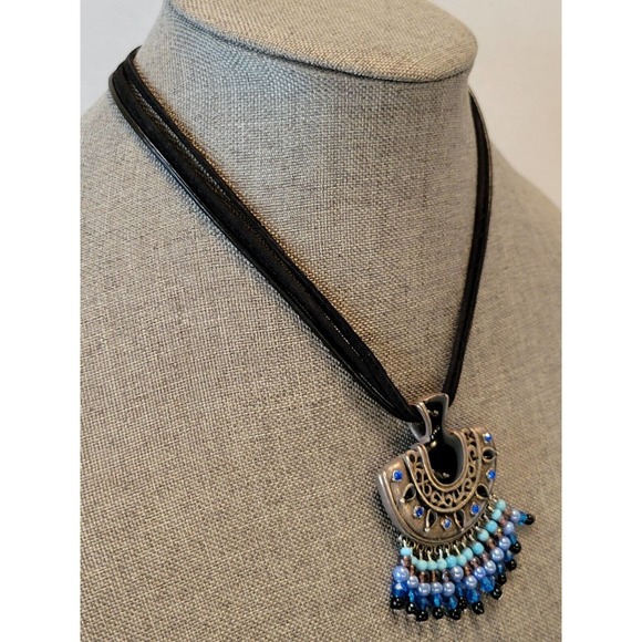 CHICO'S Three Strand Leather Corded Necklace W/ Beaded Silvertone Pendant - Picture 5 of 7